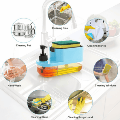 3-in-1 Soap Dispenser with Sponge & Storage Tray – Kitchen Sink Dishwashing Organizer