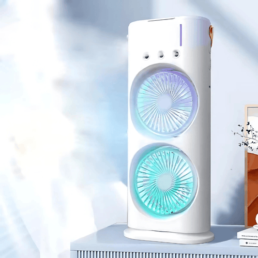 Double-Sided Cooling Fan – Dual Airflow, Portable Table & Desk Fan with LED Lights for Home, Office & Outdoor Use