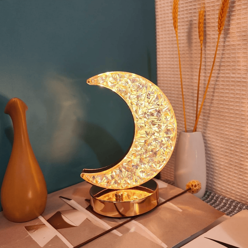 Crystal Moon Table Lamp with Metal Base – 3 Color Dimmable LED USB Rechargeable Night Light