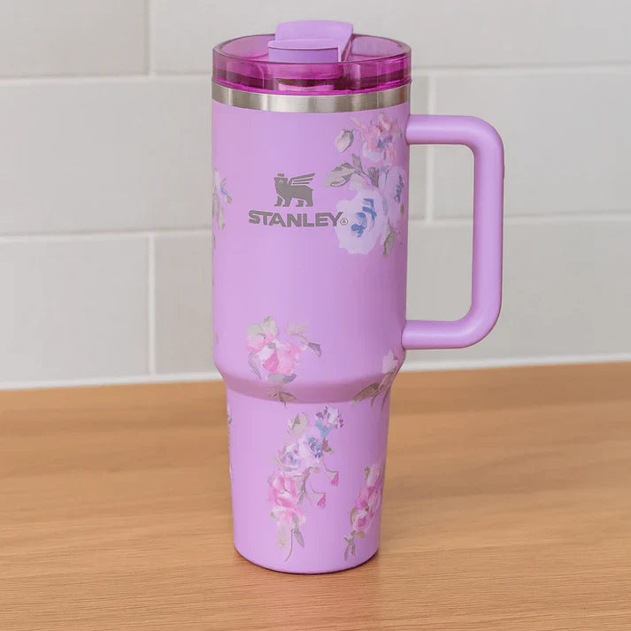 Stanley Quencher H2.0 FlowState Tumbler – 40oz / 1.18L Purple Floral, Vacuum Insulated Stainless Steel with Handle & Straw