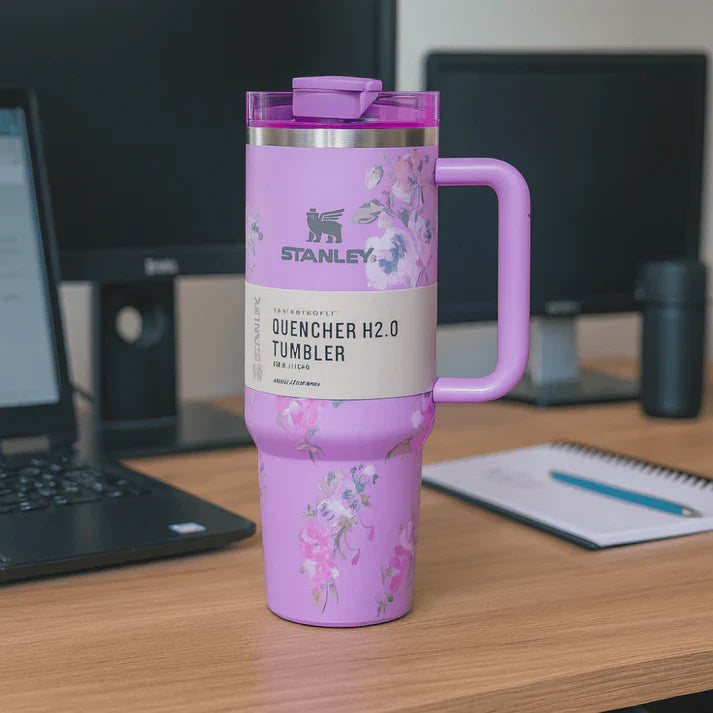 Stanley Quencher H2.0 FlowState Tumbler – 40oz / 1.18L Purple Floral, Vacuum Insulated Stainless Steel with Handle & Straw