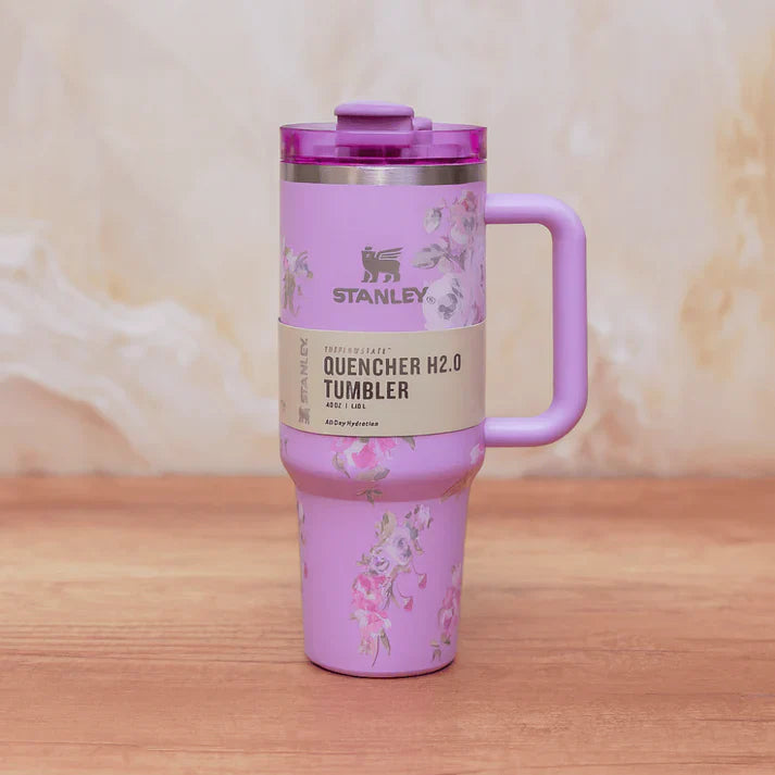 Stanley Quencher H2.0 FlowState Tumbler – 40oz / 1.18L Purple Floral, Vacuum Insulated Stainless Steel with Handle & Straw