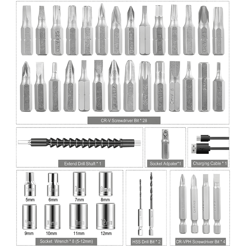 47 in 1 Electric Screwdriver Drill Set with LED Light & Flexible Extension